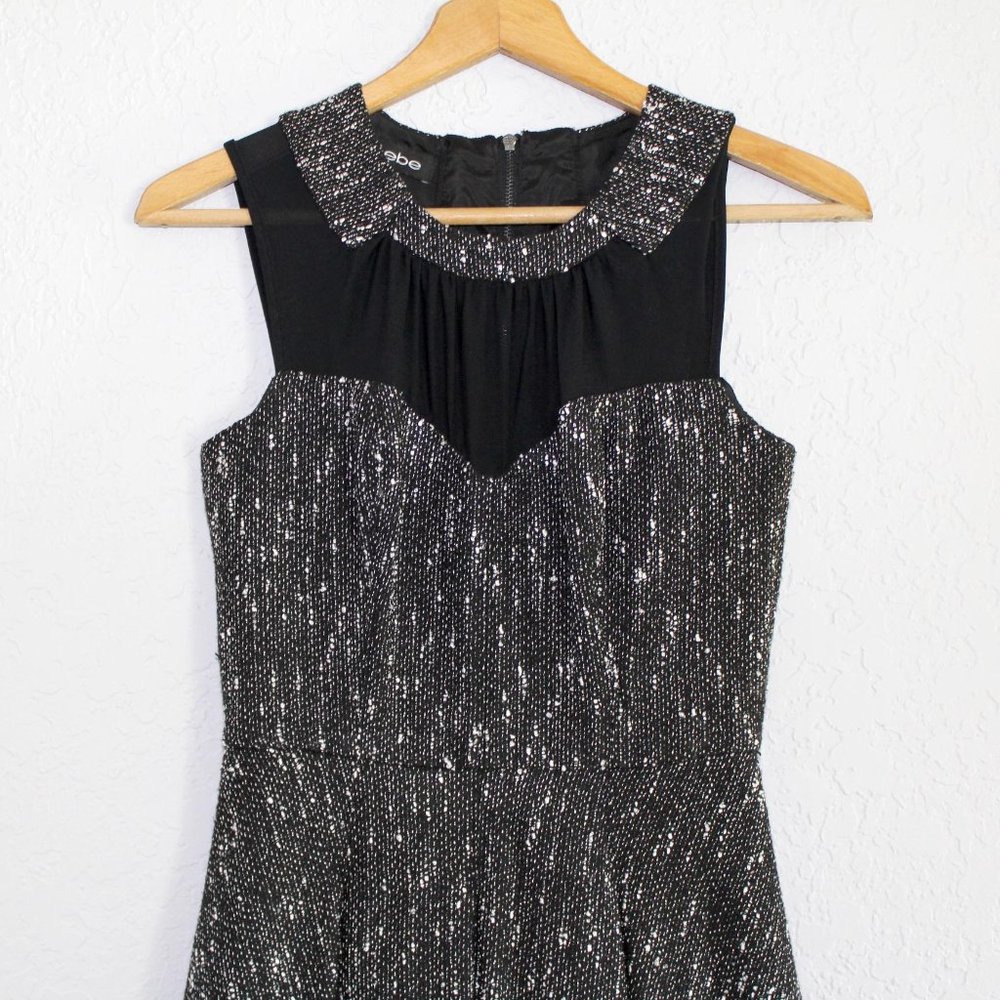 Bebe Dress elegant black white tweed mesh trim fringe hem Women's Sz 0 - Picture 4 of 12